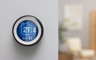 thermostat on blank white wall set to 21 degrees on the right is a blurry view of the next room